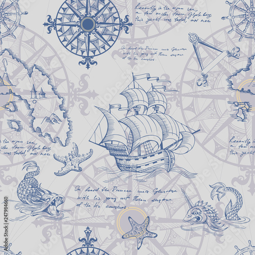 Old caravel, vintage sailboat, sea monster. Vector seamless pattern