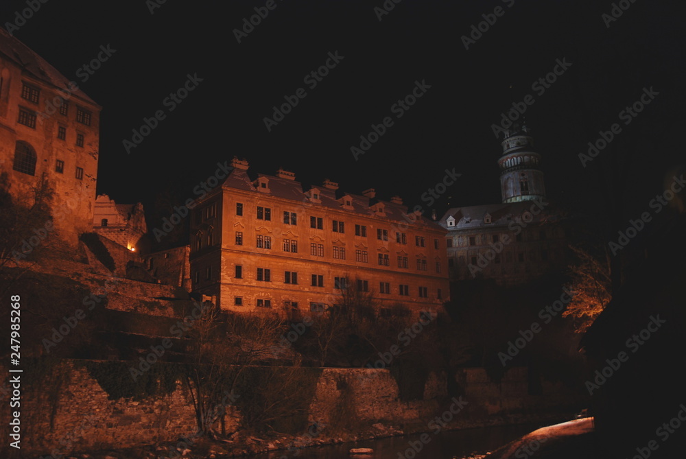 Cesky Krumlov Castle, UNESCO heritage site of Czech Republic,  illuminated at night