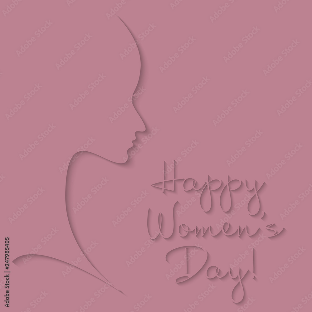 Contour of the person face and the inscription Happy Women's Day. Pink festive background. Vector illustration for March 8 or Mother's Day. Contour of the person face and the inscription Happy Women's Day. Pink festive background. Vector illustration for March 8 or Mother's Day.