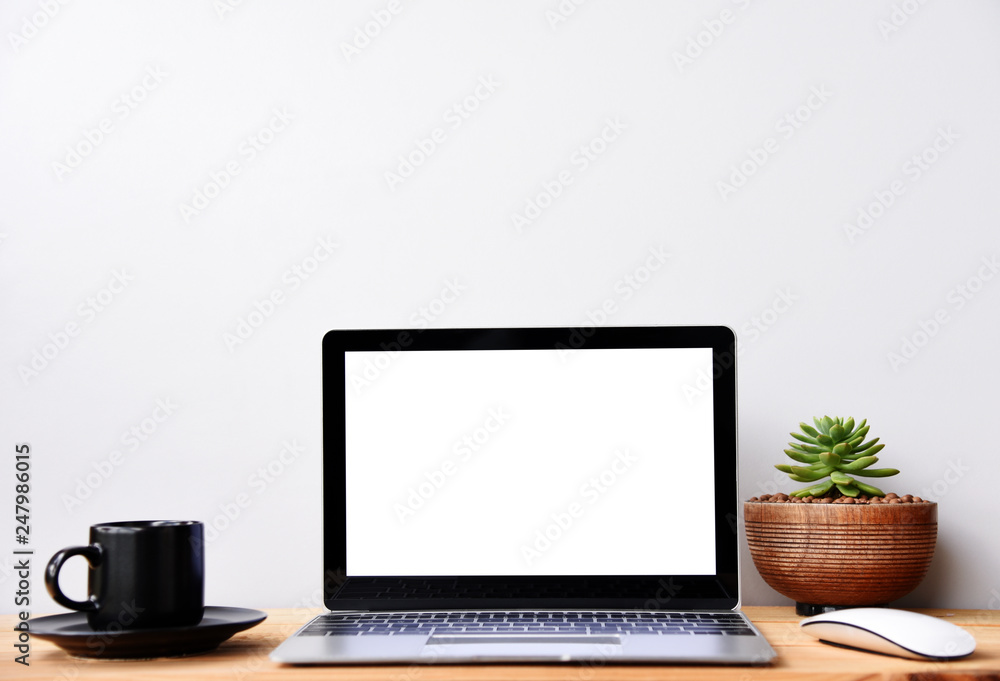 Fototapeta premium blank screen Modern laptop computer with mouse,Smart phone and Succulent on wood table in office view backgrounds