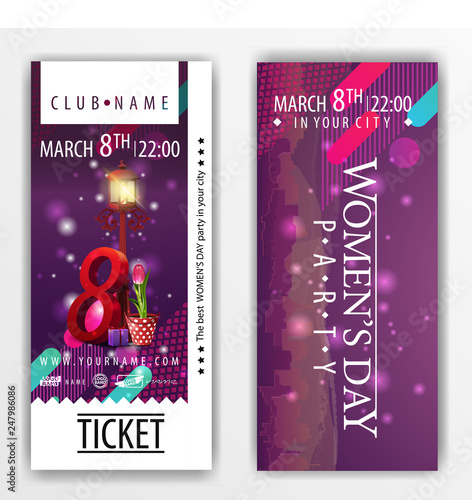 The tickets for the party on Women's day with tulip in a bucket under a lantern