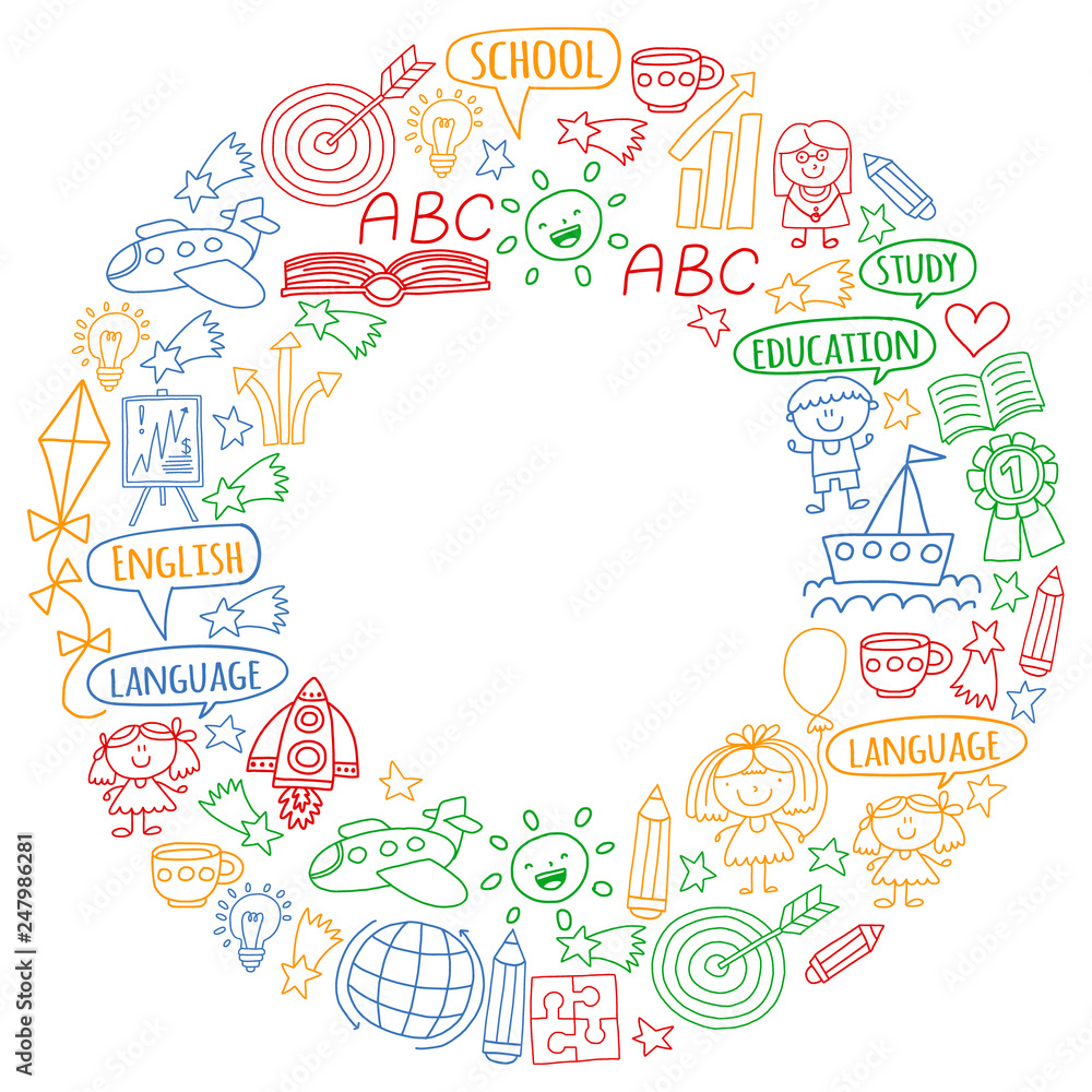 Naklejka premium Vector set of learning English language, children's drawing icons in doodle style. Painted, colorful, pictures on a piece of paper on white background.