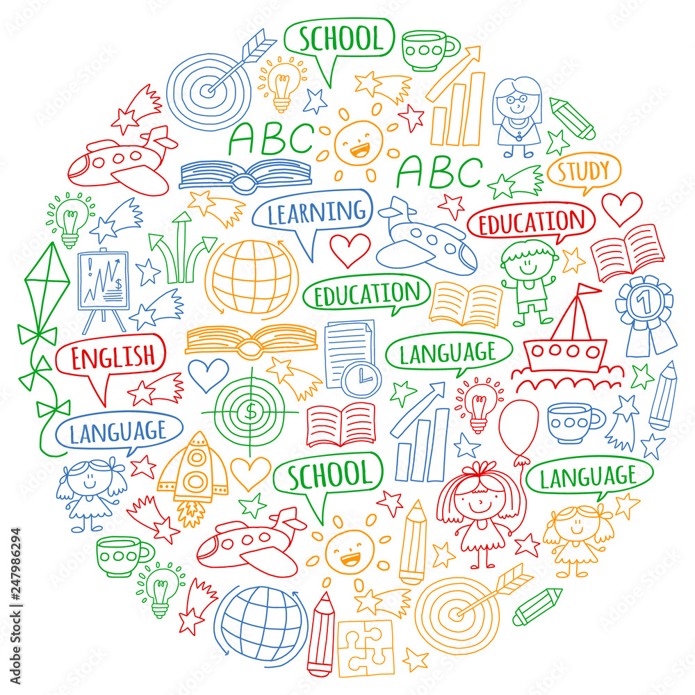 Vector set of learning English language, children's drawing icons in doodle style. Painted, colorful, pictures on a piece of paper on white background. Vector set of learning English language, children's drawing icons in doodle style. Painted, colorful, pictures on a piece of paper on white background.