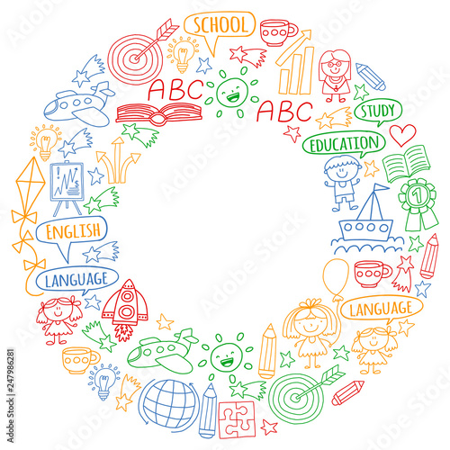 Vector set of learning English language  children s drawing icons in doodle style. Painted  colorful  pictures on a piece of paper on white background.