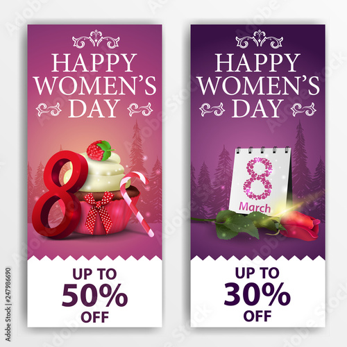 Women's day discount vertical banners with cupcake, raspberry berries, rose and calendar