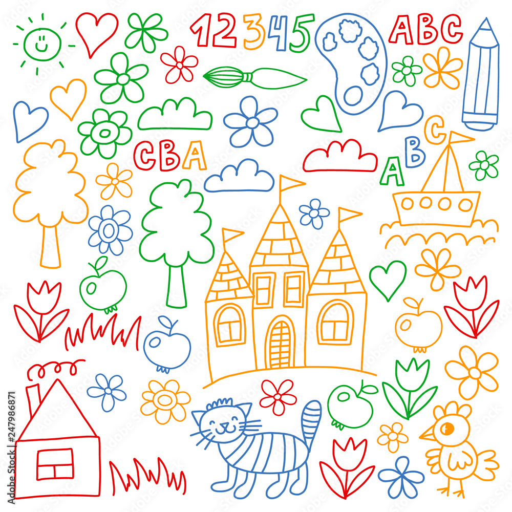 Kindergarten pattern, drawn kids garden elements pattern, doodle drawing, vector illustration, colorful.
