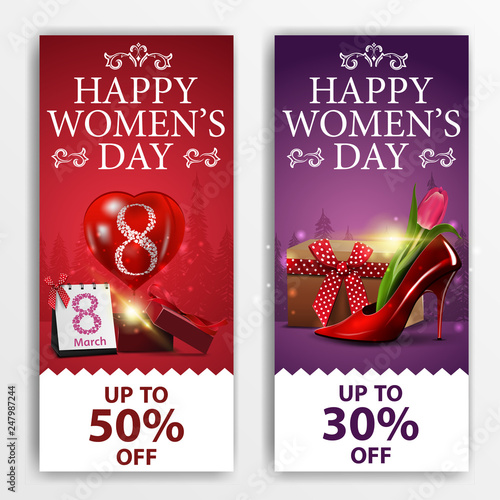 Women's day discount banners with gift, balloon and women's Shoe with tulips inside