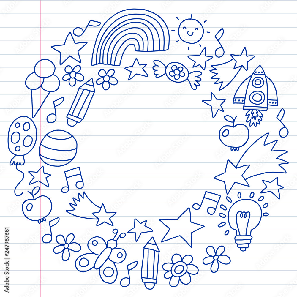 Fototapeta premium Children garden, Patern, Hand drawn children garden elements pattern, doodle illustration, Vector, illustration.