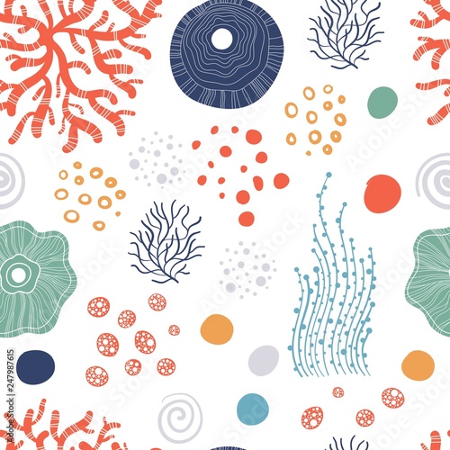 Hand drawn seamless vector pattern. Trendy pattern with corals and algae on a white background for printing, fabric, textile, manufacturing, wallpapers. Sea bottom.