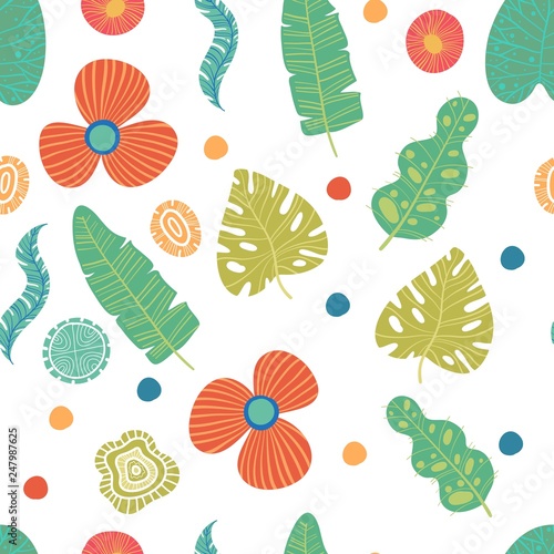 Exotic flowers hibiscus and plumeria banana leaves blue lime color tropical seamless pattern. Beach party background