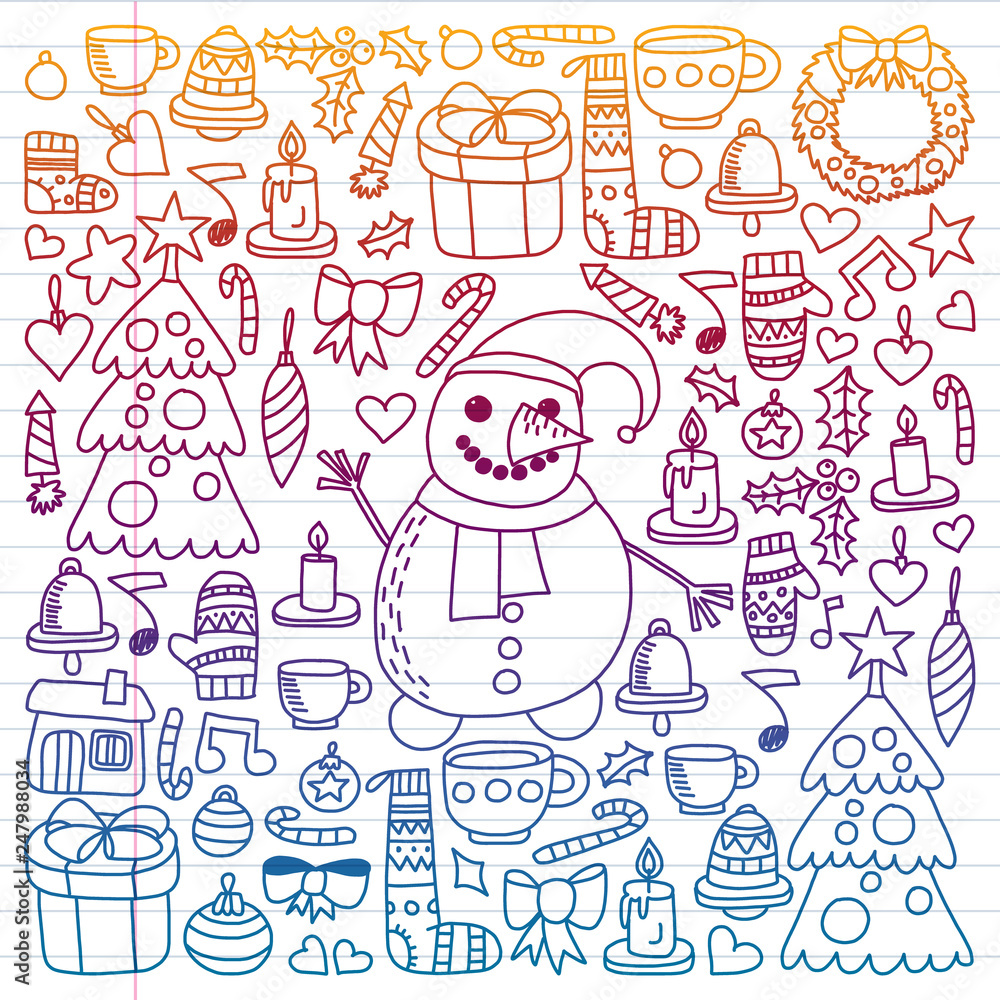 Vector set of Christmas, holiday winter days 2019, 2020, vector illustration. New Year's pattern, children's drawings with a teacher icons in doodle style. Painted, colorful, gradient on a piece of
