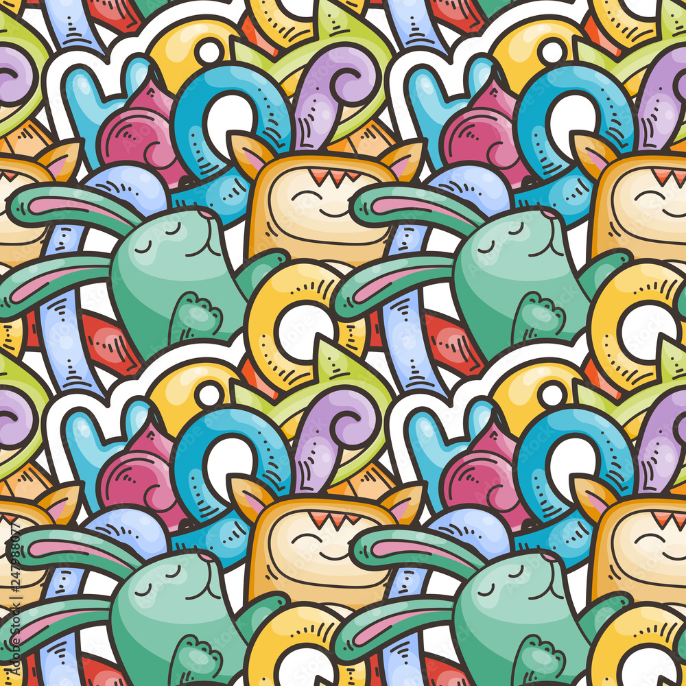 Seamless vector pattern with cute cartoon monsters and beasts. Nice for packaging, wrapping paper, coloring pages, wallpaper, fabric, fashion, home decor, prints etc