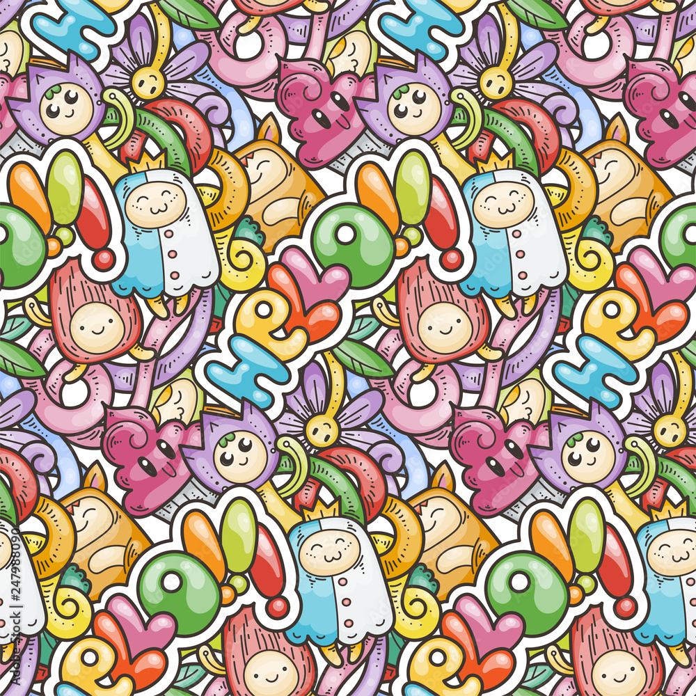 Seamless vector pattern with cute cartoon monsters and beasts. Nice for packaging, wrapping paper, coloring pages, wallpaper, fabric, fashion, home decor, prints etc