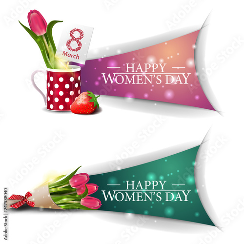 Two horizontal, modern, greeting Women's day banners with tulip in a mug and bouquet of tulips photo