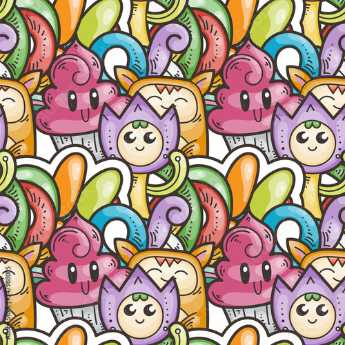 Seamless vector pattern with cute cartoon monsters and beasts. Nice for packaging  wrapping paper  coloring pages  wallpaper  fabric  fashion  home decor  prints etc