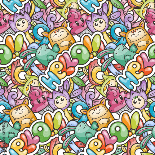 Seamless vector pattern with cute cartoon monsters and beasts. Nice for packaging, wrapping paper, coloring pages, wallpaper, fabric, fashion, home decor, prints etc