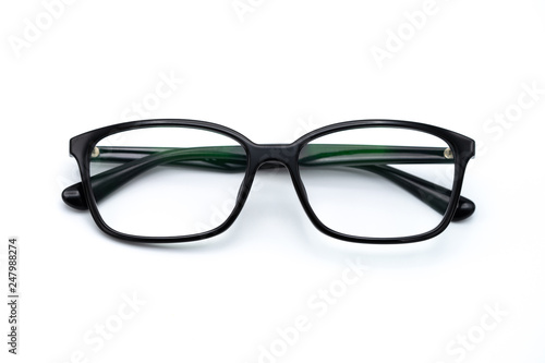 Black eye glasses spectacles with shiny black frame For reading daily life To a person with visual impairment. White background as background health concept with copy space.
