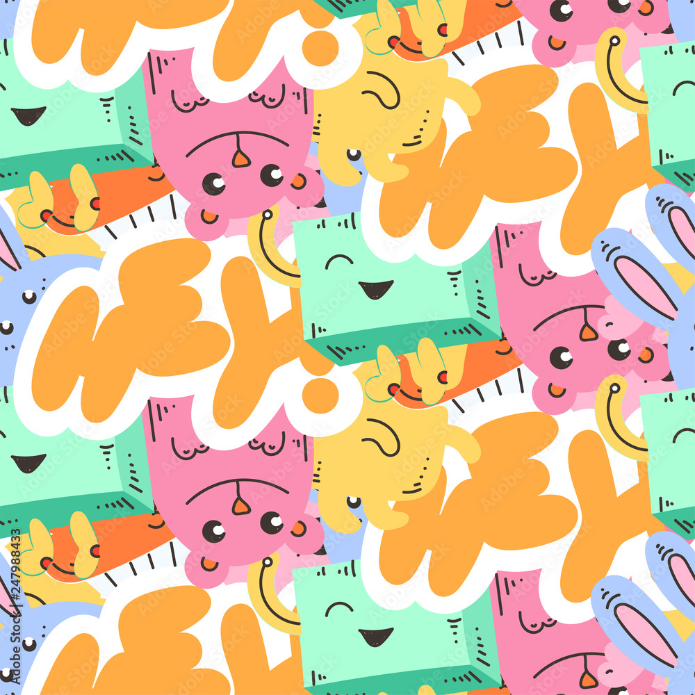 Seamless vector pattern with cute cartoon monsters and beasts. Nice for packaging, wrapping paper, coloring pages, wallpaper, fabric, fashion, home decor, prints etc Seamless vector pattern with cute cartoon monsters and beasts. Nice for packaging, wrapping paper, coloring pages, wallpaper, fabric, fashion, home decor, prints etc
