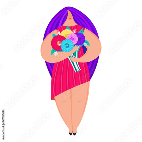 Girl with disproportionate figure holds bouquet of flowers. Flat design. Trendy style. Body positive. Woman in dress. This can be used for greeting card, banner, poster, cover, brochure. Vector, eps10 photo