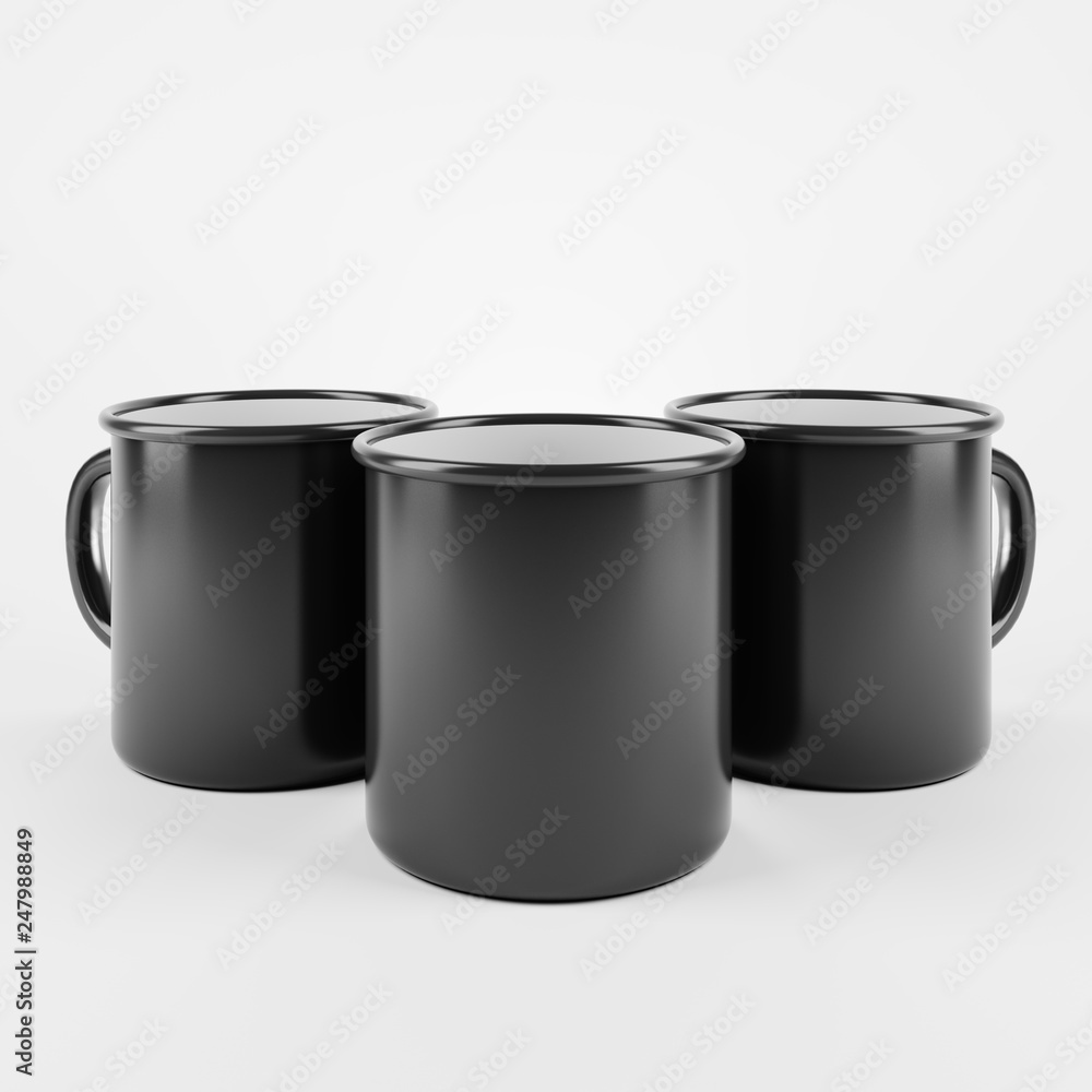Three black enamel metal mugs on white background. Blank cup for branding. 3d rendering Three black enamel metal mugs on white background. Blank cup for branding. 3d rendering