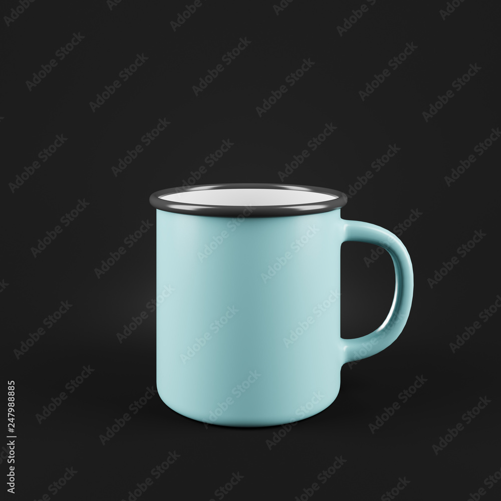 Light blue enamel metal mug on black background. Blank cup for branding. 3d rendering Light blue enamel metal mug on black background. Blank cup for branding. 3d rendering