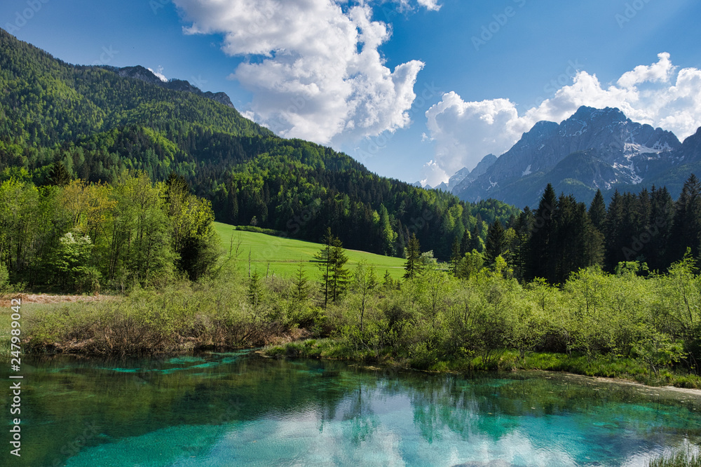 The Sava River source in Slovenia. Beautiful lake and surroundings, landscape image. 