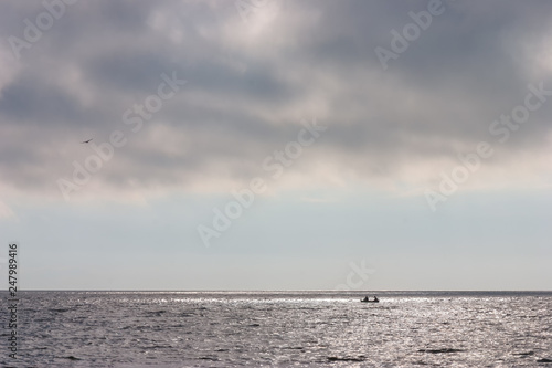 Two people in a boat on the horizon at sea
