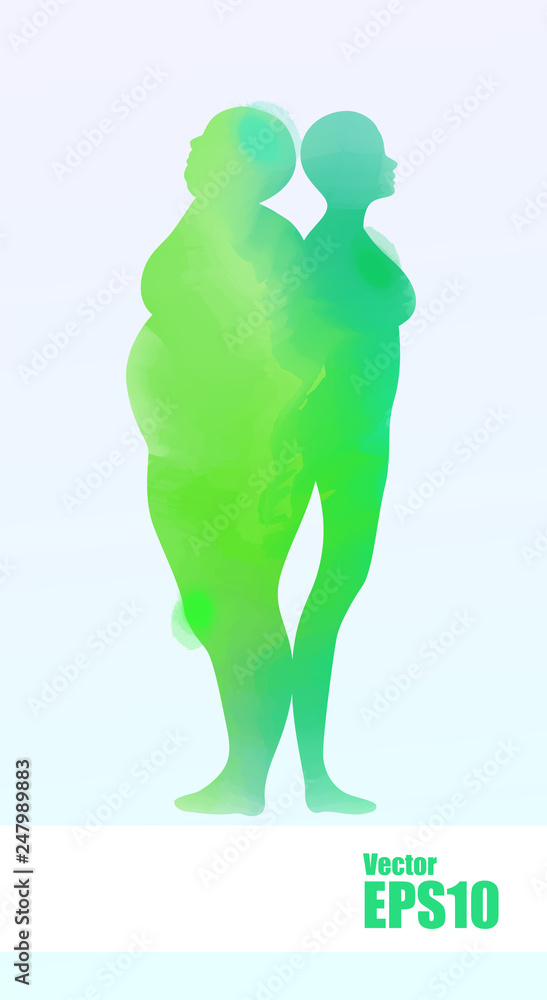 Watercolor of conceptual fat overweight obese female and slim fit healthy body after weight loss or diet. A fitness, nutrition or fatness obesity. Watercolor of conceptual fat overweight obese female and slim fit healthy body after weight loss or diet. A fitness, nutrition or fatness obesity.