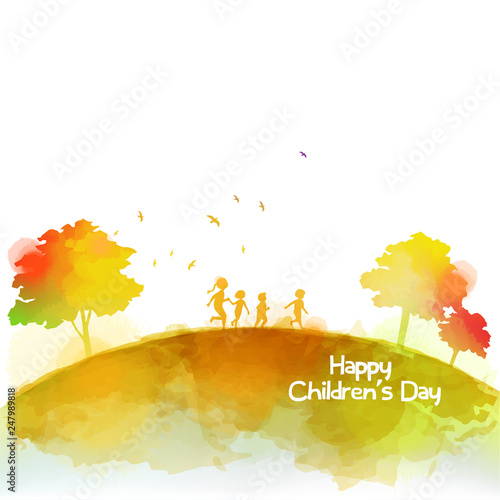 Watercolor of happy kids runing together . Happy children's day.
