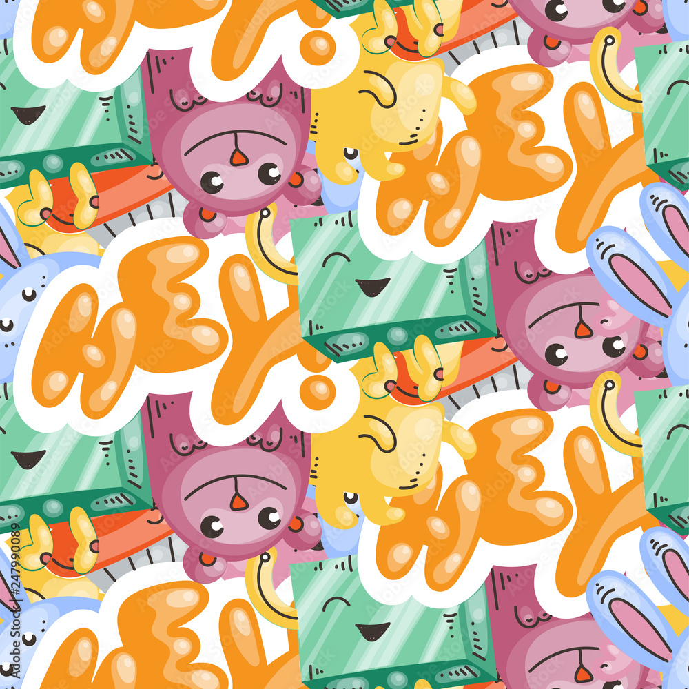 Seamless vector pattern with cute cartoon monsters and beasts. Nice for packaging, wrapping paper, coloring pages, wallpaper, fabric, fashion, home decor, prints etc Seamless vector pattern with cute cartoon monsters and beasts. Nice for packaging, wrapping paper, coloring pages, wallpaper, fabric, fashion, home decor, prints etc