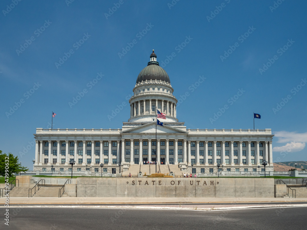 State of Utah Capitol hill complex in Salt Lake City, historic exterior and rotunda dome interior with house, senate and soupreme court chamber, staircase, and paintings, tourist visitors