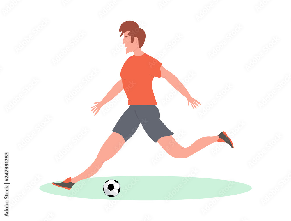 Soccer player kicking the ball in stadium. Vector Illustration