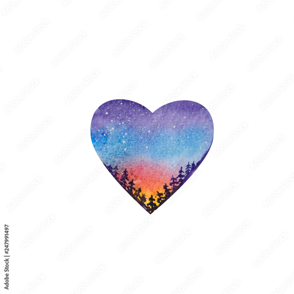 Colorful landscape in the shape of a heart with forest and sunrise