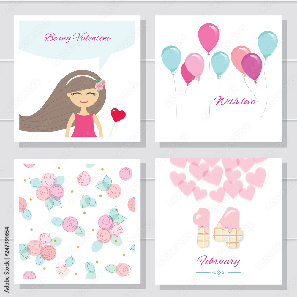 Cute cartoon Valentines day or birthday cards and templates set.