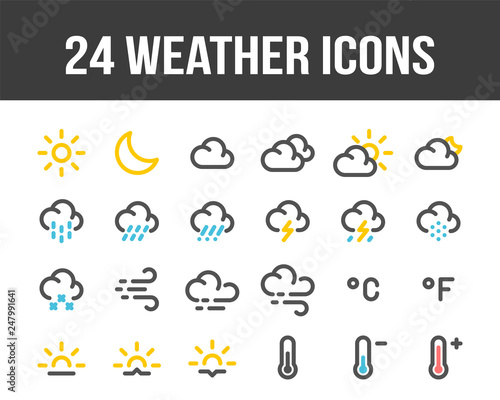 Weather forecast. Set of outline color weather icons. Vector
