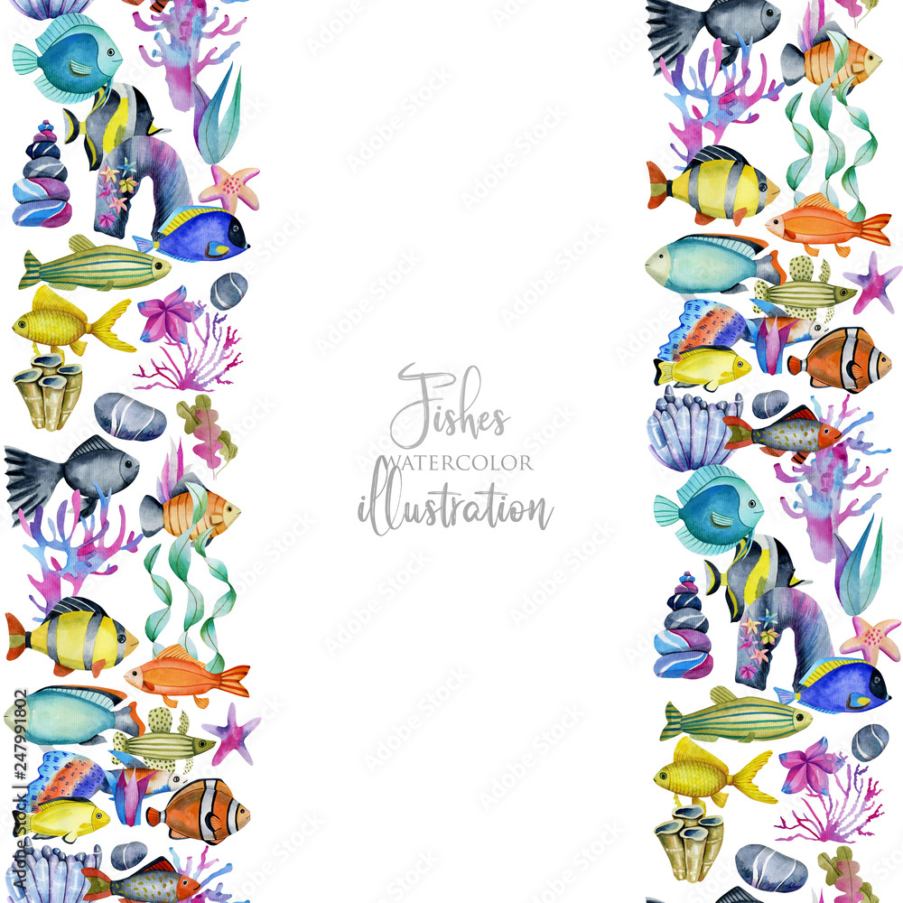 Card template with watercolor oceanic fishes, corals and seaweeds ornament, hand painted on a white background