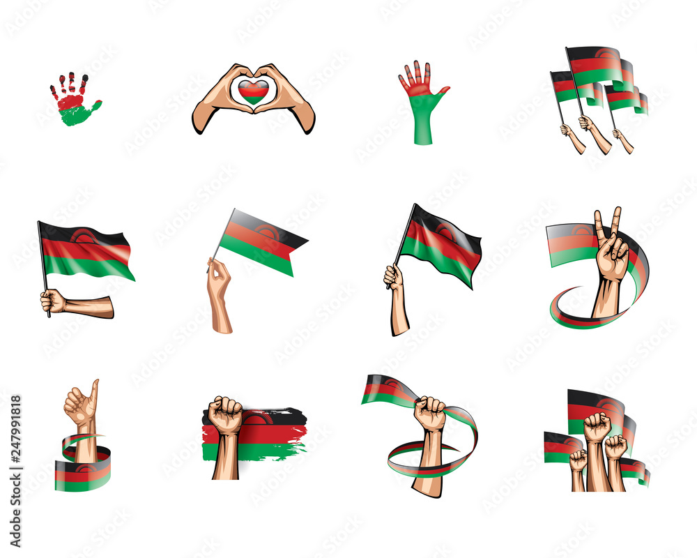 Fototapeta premium Malawi flag and hand on white background. Vector illustration