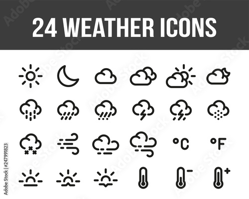 Weather forecast. Set of outline weather icons. Vector