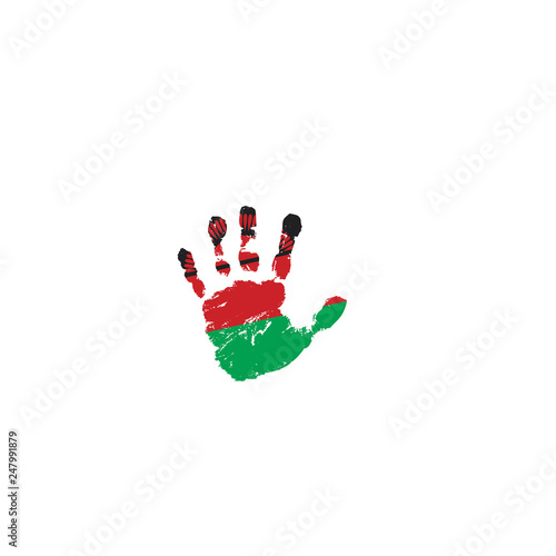 Malawi flag and hand on white background. Vector illustration