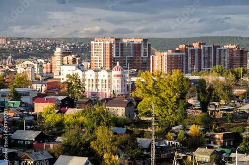 IRKUTSK, RUSSIA - SEPTEMBER 22, 2013: Panoramic top view the city of Irkutsk on sunny summer day.