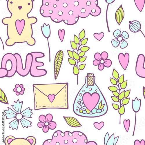 Seamless pattern with hand drawn hearts in pastel pink and black. Cute rabbit, letter, flower, love potion. Loving heart.