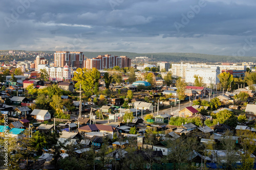 IRKUTSK, RUSSIA - SEPTEMBER 22, 2013: Panoramic top view the city of Irkutsk on sunny summer day.