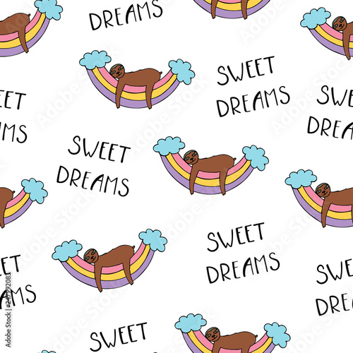 Seamless pattern with cute baby sloths in the rainbows.