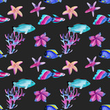 Seamless pattern with watercolor oceanic fishes and starfishes at the bottom of the ocean, hand painted on a dark background