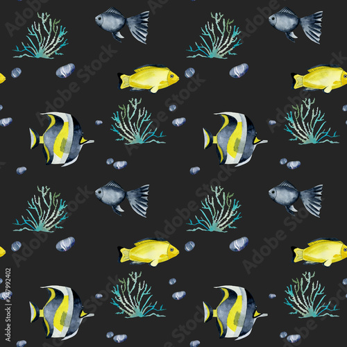 Seamless pattern with watercolor fish surgeon and other oceanic fishes  hand painted on a dark background
