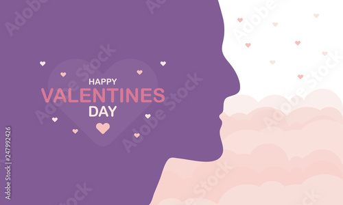 Happy Valentines Day. A holiday of love. Silhouette of a couple of lovers on sky background. The traditional time for romantic dates, as well as shopping on sales. Postcard, poster, invitation, banner © scoutori