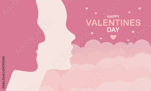 Happy Valentines Day. A holiday of love. Silhouette of a couple of lovers on sky background. The traditional time for romantic dates, as well as shopping on sales. Postcard, poster, invitation, banner © scoutori