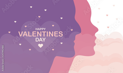 Happy Valentines Day. A holiday of love. Silhouette of a couple of lovers on sky background. The traditional time for romantic dates, as well as shopping on sales. Postcard, poster, invitation, banner