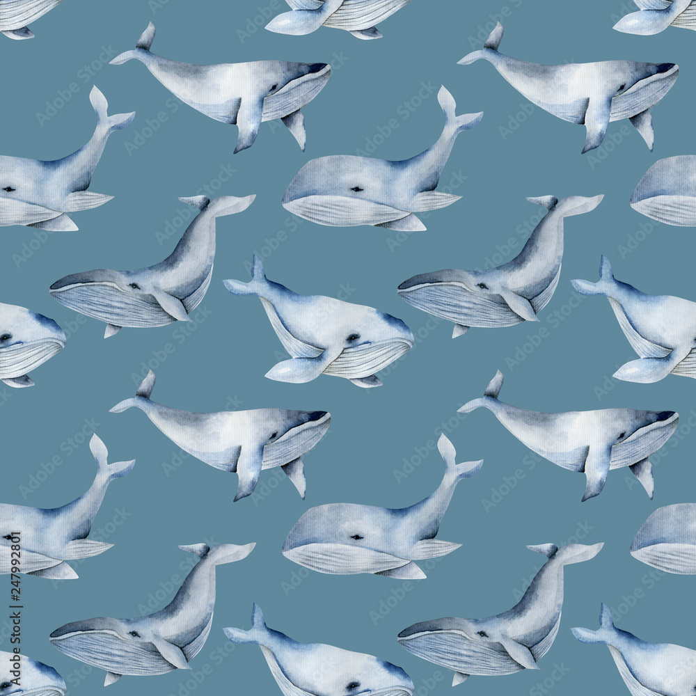 Obraz premium Seamless pattern with watercolor blue whales, hand painted on a blue background