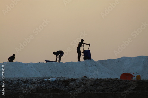 ludzie ciężko pracujący przy wydobyciu soli w kotlinie danakilskiej w afryce